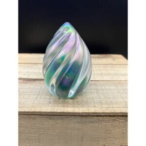 Maytum Studio Art Glass Paperweight Iridescent Blue Green Swirl Color Signed